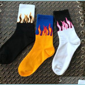 Shoe Parts Accessories Socks Skateboard Street Wear Cotton Yellow Black Flame Fashion Hiphop Funny Happy Harajuku Fire Men And Wom Dh1Ri