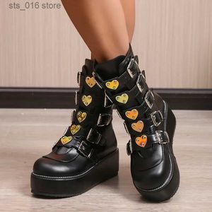 Stivali Luxury Brand Big Size 43 Fashion Cool Street Fibbie Goth Winter Platform Moto Stivali Halloween Cosplay Scarpe da donna nere T230927