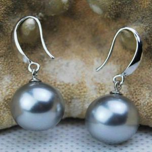 Dangle Earrings 16mm Gray Round South Sea Shell Pearl 14k White Gold Ear Stud Halloween Diy Mother's Day Lucky Classic