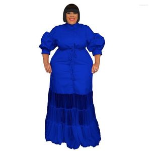 Etniska kläder L-4XL African Plus Size Dresses for Women Autumn Half Sleeve V-Neck Black White Pink Blue Maxi Dress