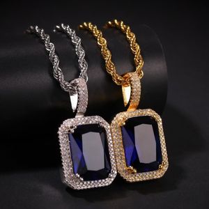 Iced Out Cubic Zirconia Necklace Pendant Pink Blue Green Red Square Ruby Pendant Necklace For Men Hip Hop Jewelry218V