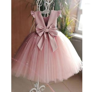 Mädchen Kleider Blumen Geburtstag Tüll Kleid Rückenfrei Schleife Hochzeitskleid Kinder Party Wear Prinzessin Rosa Baby Schleife Kleinkind