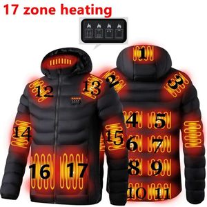Män vinter varm USB 17 zon uppvärmningsjackor smart termostat ren färg huva uppvärmda kläder vattentäta varma jackor