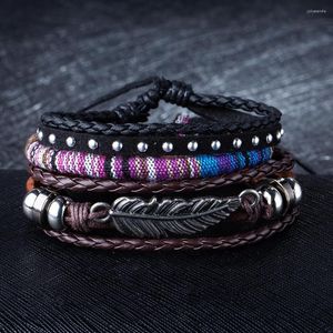 Link pulseiras moda punk genuíno corda envoltório conjunto de couro masculino para mulher charme contas de madeira pulseiras manguito jóias acessórios