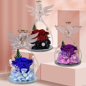 Faux Floral Greenery Gifts for Women Preserved Rose In Angel Glass Cover Wedding Eternal Flowers Christmas Valentine Day Forever Love Gifts 230926