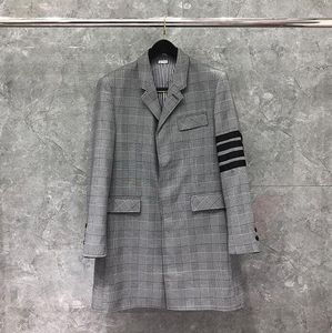 Men's Trench Coats Winter Windbreaker Man Grey Grid Autumn Long Coat Turn Down Collar Casual Men Slim Jacket Plaid Suit