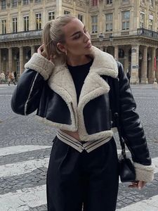 여자 재킷 패션 라펠 램스 즈우 코트 더블 사이드 짧은 재킷 가을 겨울 우아한 여성 양털 따뜻한 두꺼운 세련된 탑 230927