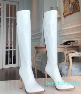 fashion designer women patent leather boots Pointed high heel Knee High Boots Slip On knight boots Motorcycle boot with