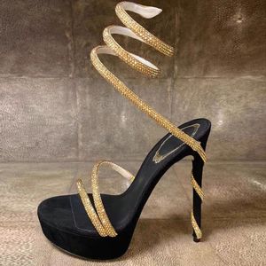 Rene caovilla kristal kaplı platform sandaletler 12.5cm yılan strass stiletto topuklar caovilla cleo kadın tasarımcılar ayak bileği swararound akşam ayakkabı fabrika ayakkabı