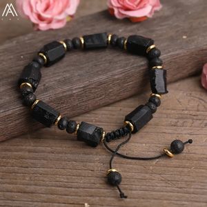 Bracciale rigido con tormalina nera naturale, pepite di pietra, perline di lava nera, rondelle, cordoncino annodato, braccialetto regolabile, donna, braccialetto di corda Boho 230927