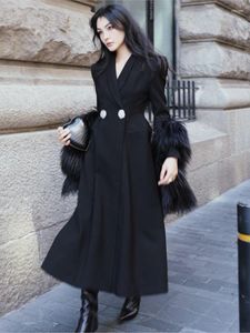 Vestidos casuais primavera outono 2023 mulheres preto vintage duplo breasted casaco temperamento premium longo a-line slim trench terno vestido