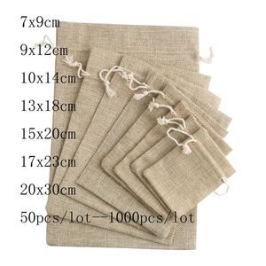 Jewelry Boxes 50pcs lot 7x9 9x12 10x14cm Jute Gift Bags Cotton Linen Drawstring Packaging Pouch Display Wedding Sack Burlap 230926