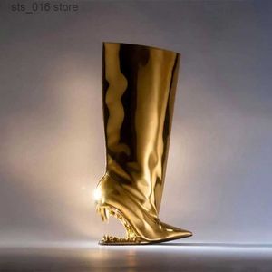 Boots 2023European and American New Shiny Face Women's Knee Length Boots Fashion Pointed Teeth Design Sense High Heel Model Show Boots T230927