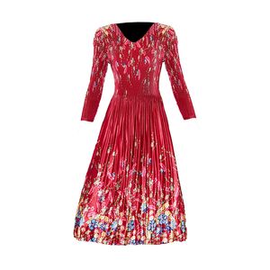 Retro blommor V-ringning Slim Red Dress 2023 Women Designer långärmad elegant gyllene sammet midi veckade klänningar höstvinter som går ut semester födelsedagsfest rocks