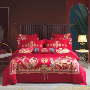 Red Embroidery Home Textile Bedding Set Luxury Princess Wedding Solid Color Duvet/Quilt Cover Bed sheet linen pillowcases Cotton Bedclothes King Queen Size