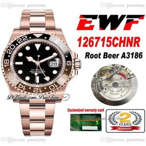 EWF GMT Root Beer A3186 Relógio Automático Masculino 12671 Rosa Ouro Cola Preto Marrom Cerâmica Moldura Preta Mostrador 904L Aço OysterSteel Bra265m