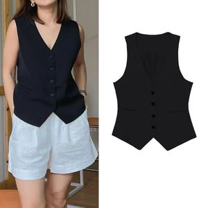 Womens Vests TRAF Vest Linen Sleeveless Suit Coat for Women Autumn Korean Fashion Female Black White Top 230927