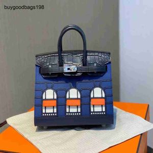 Väskor Handgjorda vaxtråd Sying BK20CM Bag Crocodile Skin Assembly House Midnight Blue Silver Buckle Handbag Palm Leather