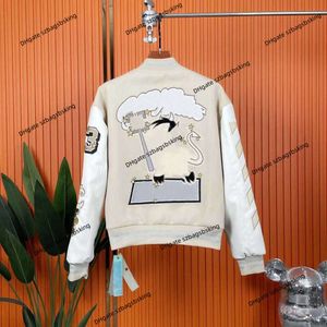 Off Brand White Jacket High-End Coat Classic Fashion Embroidered Heavy Craft Cotton Clip Leather Sleeve Baseball Coat for Men's and Women's Jackets