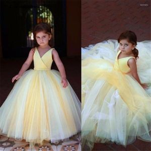 Abiti da ragazza senza maniche in tulle giallastro pizzo scollo a V abito a fiori principessa ballo spettacolo prima comunione regalo di compleanno a sorpresa per bambini