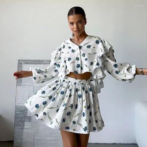 Vestidos de trabalho moda algodão linho saia define duas peças das mulheres roupas verão bonito babados manga longa superior combinando para mulher