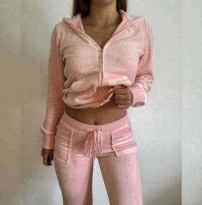 Juicy Apple Kadınların Takipleri 2023 Yaz Marka Dikiş 2 Parça Setler Kadife Velor Kadın Track Suit Hoodies ve Pantolon Gelişmiş Tasarım 60ess654