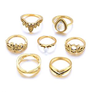 Anéis de banda 7 pcs / conjunto vintage oco esculpido flor strass anel para mulheres homens acessórios de festa anéis de dedo ouro sier cor jóias dhspw