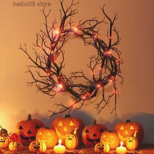 Decorative Flowers Wreaths Halloween Wreath Simulation Black Branch Wreaths With Red LED Light 42CM Wreaths For Doors Flower Garland Halloween Decoration T230927