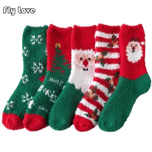 Herrensocken, 5 Paar, Winter, warme Bodensocken, weiches Mittelrohr, flauschige Damen, lässig, dick, für den Innenbereich, Korallensamt, flauschige Weihnachtssocken, 230927