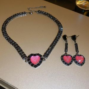 Halsband Schwarz Rosa Strass Liebe Herz Halskette Für Frauen Süße Kühle Ästhetische Luxus Tropfen Ohrringe Vintage Mode Y2k Schmuck