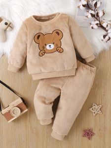 Giyim Setleri Kış Bebek Bebek Bebek Karikatür Bear Peluş Kalın O-Neck Uzun kollu rahat üst+Elastik Bel Pantolon Yumuşak Set Toddler 230927