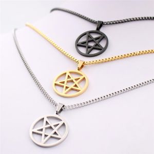 pentagram satanic symbol Satan worship Wicca Pentacle stainless steel pendant necklace Silver gold black 2 4mm 24 inch box chain f334S