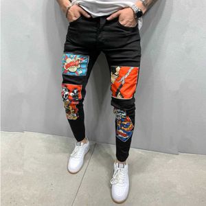 Men's Jeans 2023 New Fashion Mens Jeans Stretch Skinny Patchwork Cartoons Printed Black Jean Men Streetwear Denim Punk Pants Vaqueros Hombre J230926