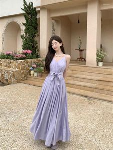 Casual Dresses French Elegant Women Backless Bow Bandage Slip Long Dress Solid Sleeveless V Neck Evening Party Ladies