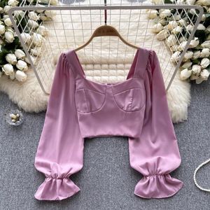 Women's Blouses Vintage Bare Midriff Blouse Women Versatile Square Collar Long Puff Sleeve Skinny Shirts Autumn Chic Ladies Tops Drop