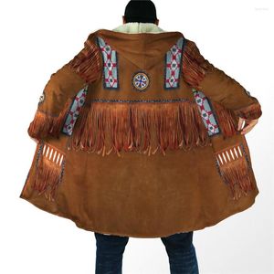 Casacos masculinos de inverno com capuz capa vintage tribal borla impressão 3D grosso térmico unissex casaco de lã à prova de vento