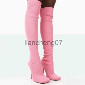 Buty nowe kobiety wysokie buty buty 2023 Autumn oddychające dzianiny damskie uda wysokie buty rozciąganie buty kwadratowe buty botas femininas x0928