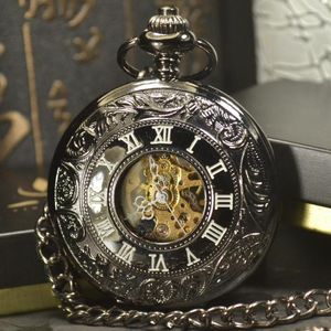 Pocket Watches Luxury Skeleton Black Retro Antique Mechanical Watch Men Chain Necklace Business Casual & Fob