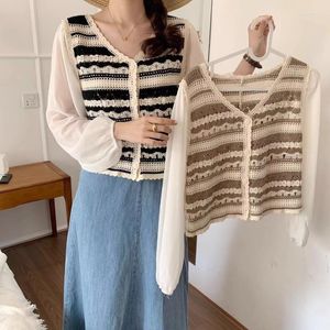 Camicette da donna Moda coreana Crochet Blusas Mujer Donna Chiffon a righe Patchwork Top con scollo a V Manica lunga Donna Casual Dropship