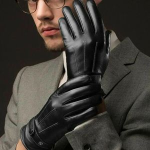 Fünf Fingerhandschuhe Männer Winter Leder Schwarz Knopf Warme Fäustlinge für luxuriöses Pu-Fahren Echt 230928