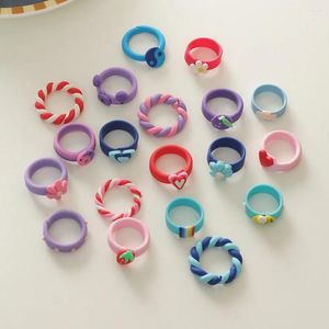 Cluster Rings Macaron Candy Color Korean Y2k Cute Clay Little Flowers Tai Ji Heart Ring For Women Girls Creative Jewelry Party Gifts