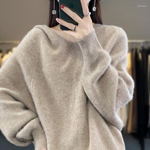 Kvinnors tröjor huva ren ulltröja lös och lat bat ärm koreansk fashion casual pullover