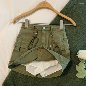 Röcke Vintage Hohe Taille Minirock Mit Gürtel Frauen Koreanische Mode Tasche Demin Cargo Frau Y2k Kordelzug H Linie Shorts