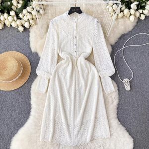 Casual Dresses Autumn Fashion Women Sales O-neck Long Puff Sleeve Lapel Single Lace Skinny Vestidos Versatile Ladies Dress Drop