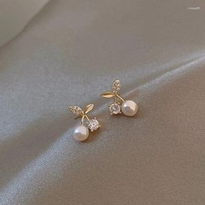 Stud Earrings Korean Fashion Little Cherry Pearl Pendant Elegant Temperament Women Drop Auricular Girl Needling Ear Jewelry2023
