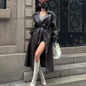 Jaqueta de couro feminina moda vintage cinto bolsos casaco falso roupas femininas longo plutônio trench solto outerwear