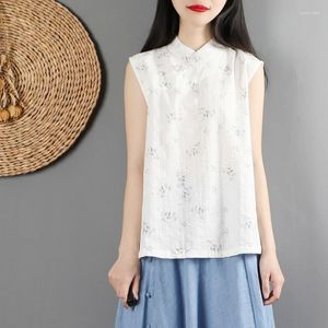 Roupas étnicas Vintage Floral Impresso Camisa Tanques de Verão Tops Mulheres Sem Mangas Blusa Casual Algodão Linho Blusas Femininas Cheongsam Top