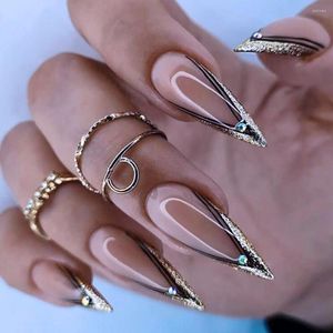 Pregos Falsos 24 Pcs Extra Long Stiletto Pontudo Francês Falso Glitter Destacável Amêndoa Imprensa em Cobertura Completa Dicas de Unhas