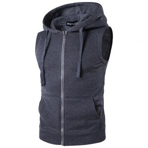 Mäns västar Mens Hooded ärmlös Zip Casual Sweatshirt Hoodies 2023 Summer Autumn Solid Color Cotton Jacket Vest Waistcoats Top 230927