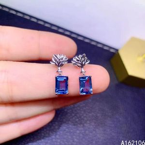 Brincos finos jóias 925 prata pura estilo chinês natural londres azul topázio menina luxo retângulo gem suporte de orelha
